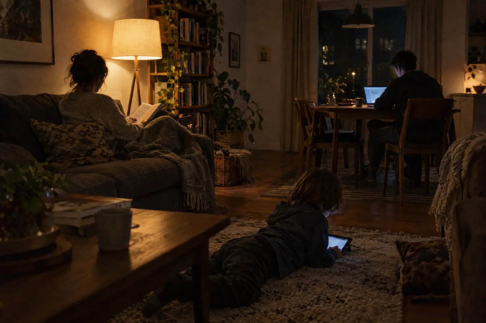A family at home in the evening: a parent reading, another on a laptop, a child on a tablet