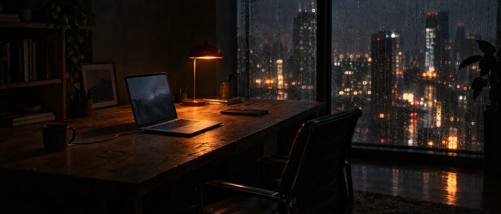 An empty office desk with a laptop and a lamp, city lights through the window