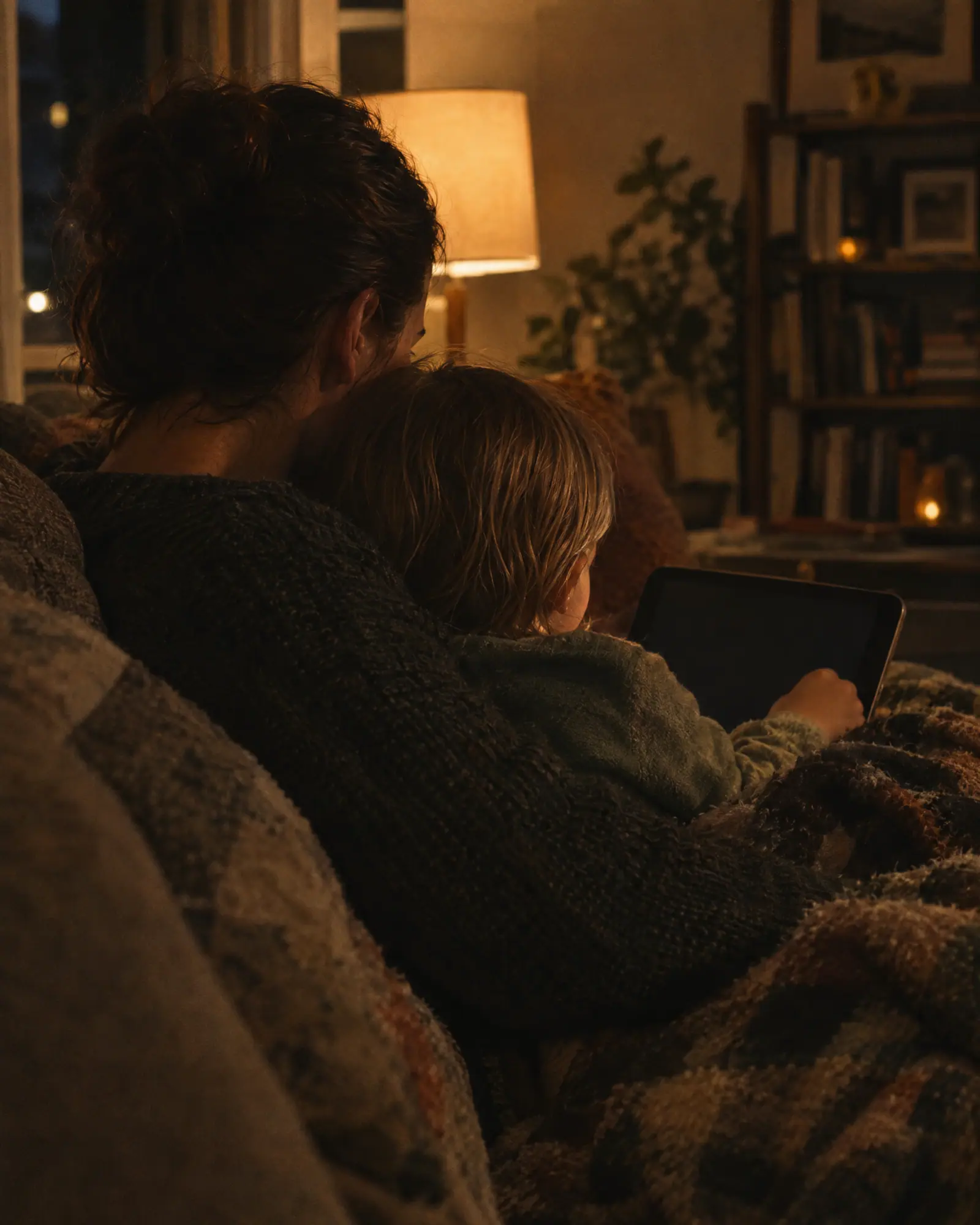 A parent and child looking at a tablet together on the sofa