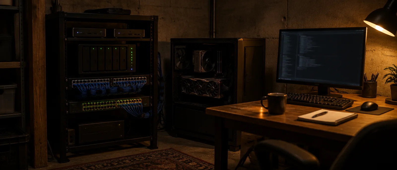 A home lab at night: a small rack with mini PCs, a NAS and a switch beside a workstation with a large graphics card