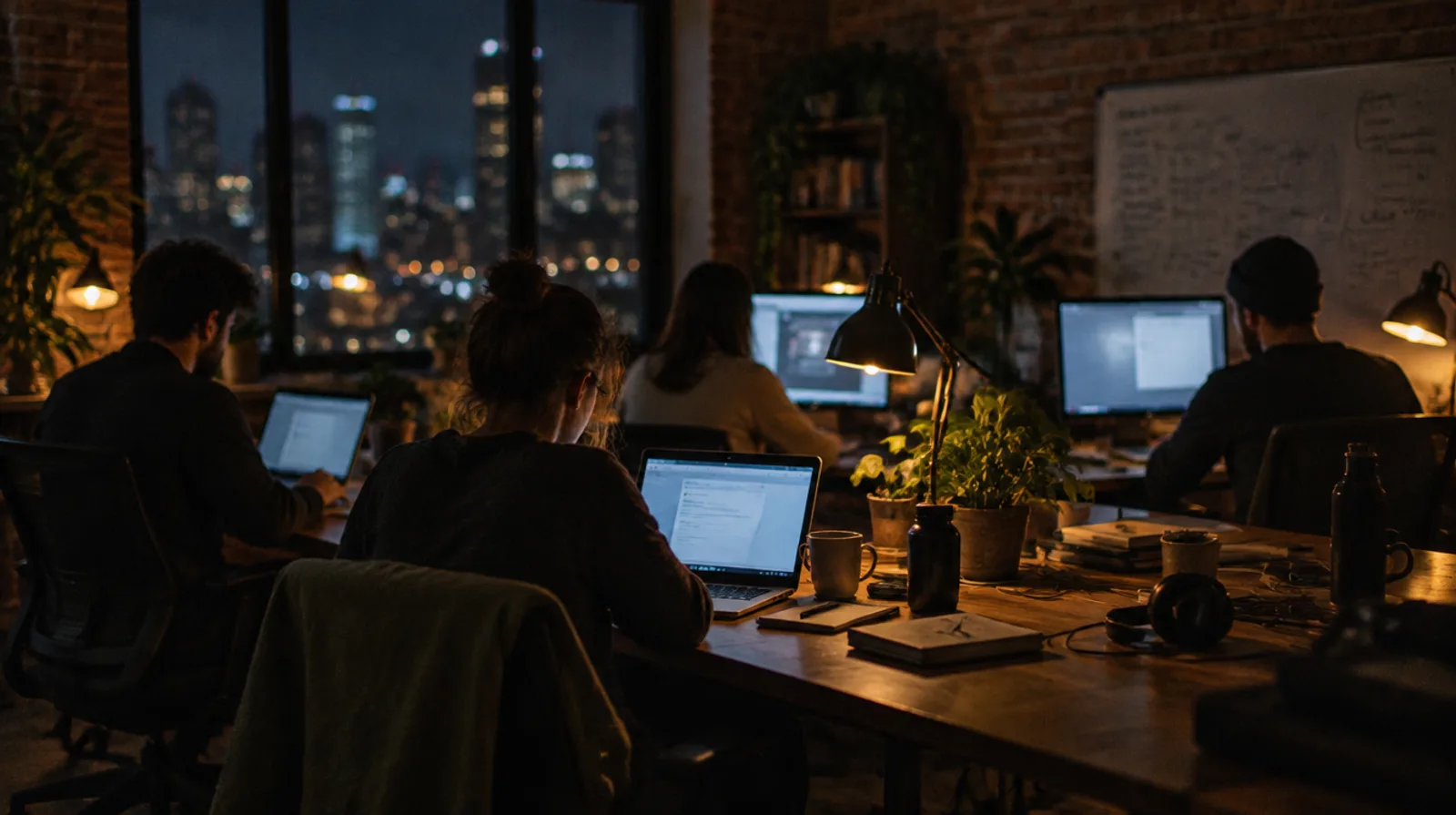 A small team working late at laptops and monitors in a brick-walled office