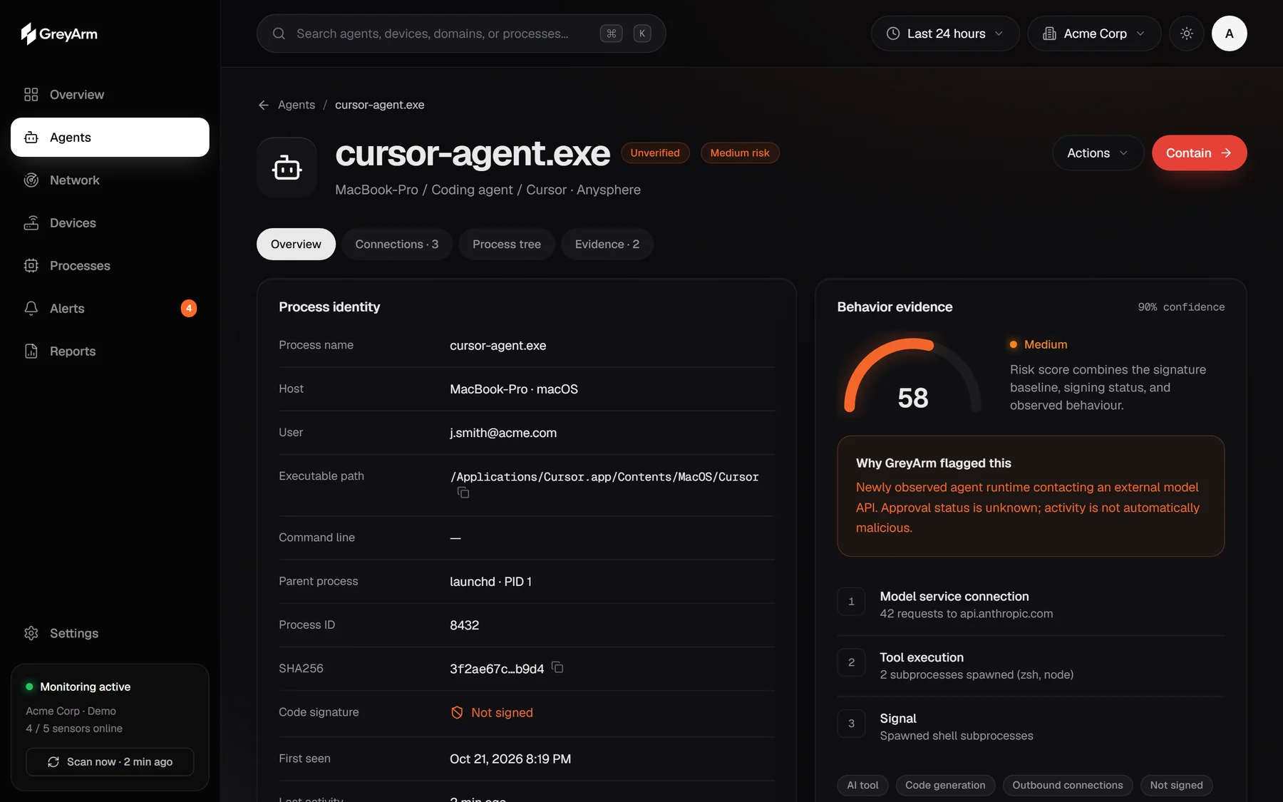 Agent investigation with process identity and behaviour evidence